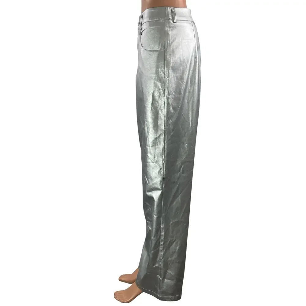 Commense Women's Silver Metallic High Rise Baggy Wide Leg Trousers Pants Size M